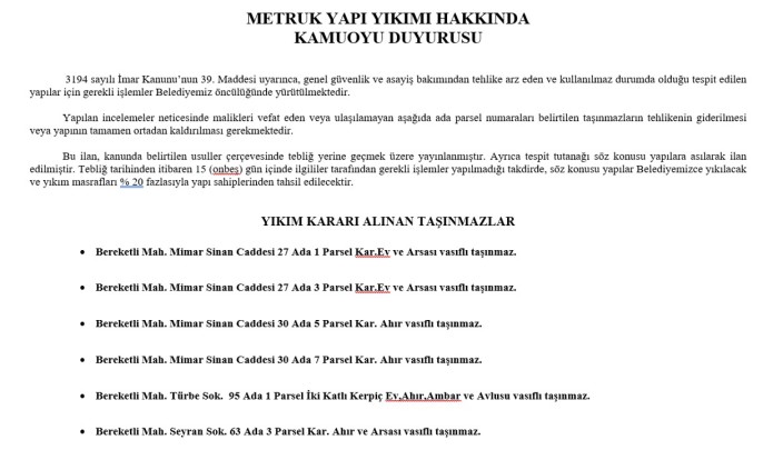 METRUK BİNALARDA YIKIM İLANI